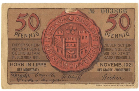 50 Pf banknot zastępczy Horn in Lippe 1921